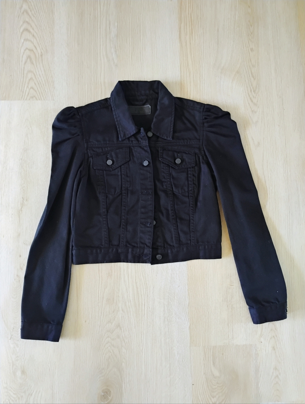 Blank NYC Black Cropped Denim Jacket with Puff Shoulders
